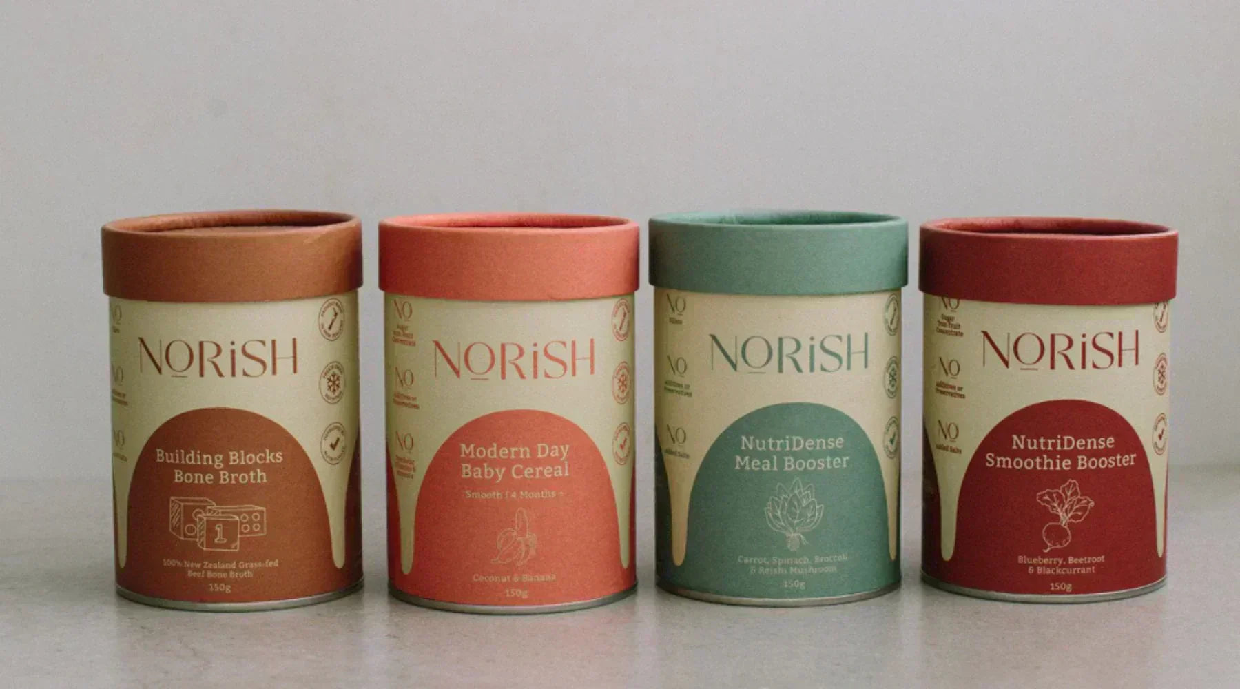 Norish New Zealand natural nutrition range including Building Blocks Bone Broth, Modern Day Baby Cereal, NutriDense Meal Booster and Smoothie Booster at Intentionally Natural NZ