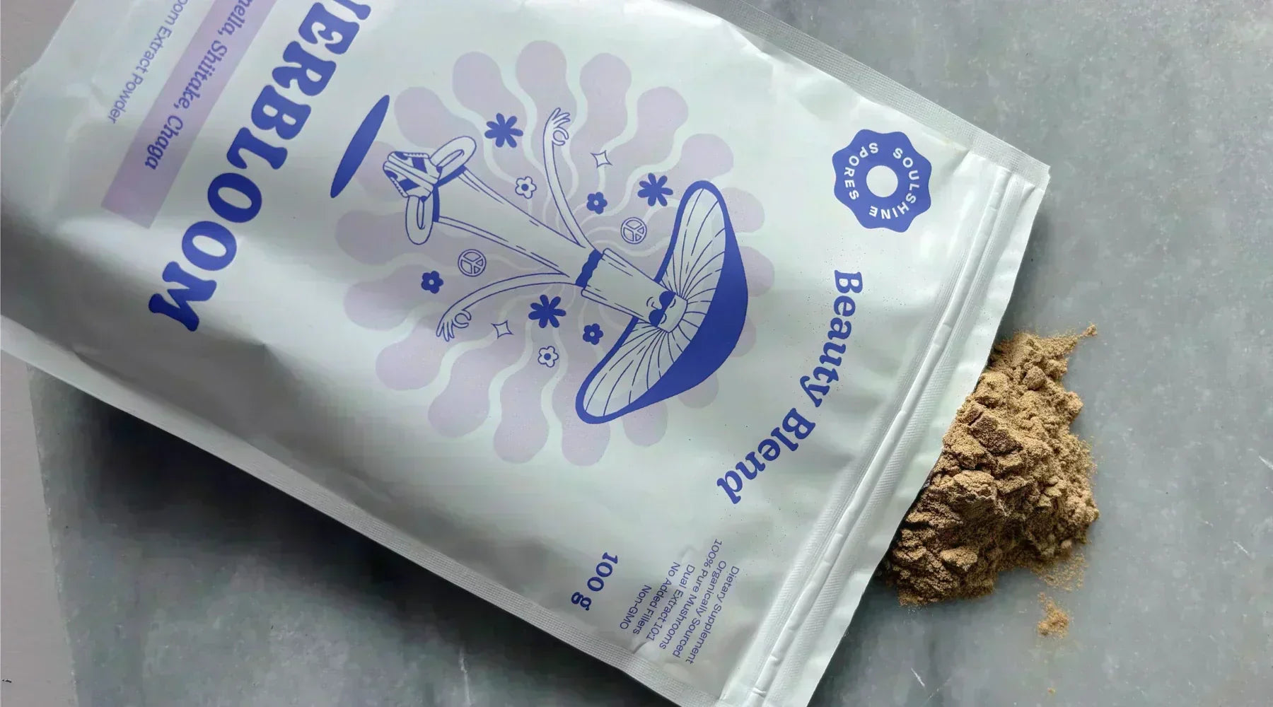 Pouch of Soulshine Spores Innerbloom Beauty featuring its bioavailable beauty blend of nourishing Tremella, Shitake, and Chaga mushrooms