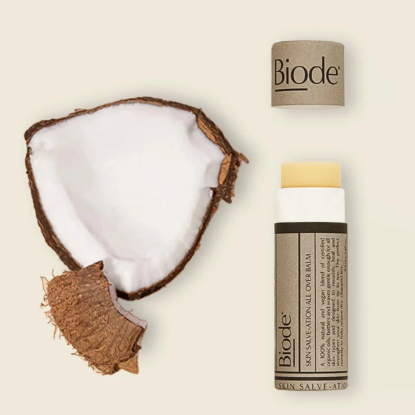 Biode Skin Salve-ation all over balm with coconut, showcasing nourishing natural ingredients and compostable tube.