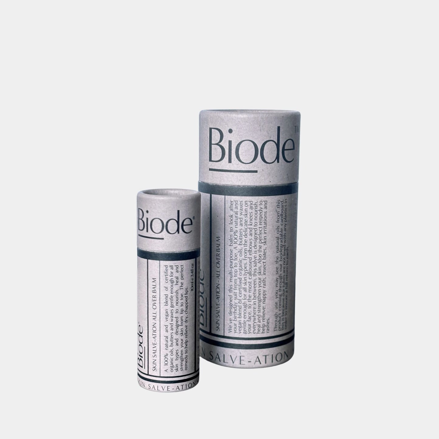 10g adn 60g tube side by side of the Biode Skin Salve-ation all over balm.