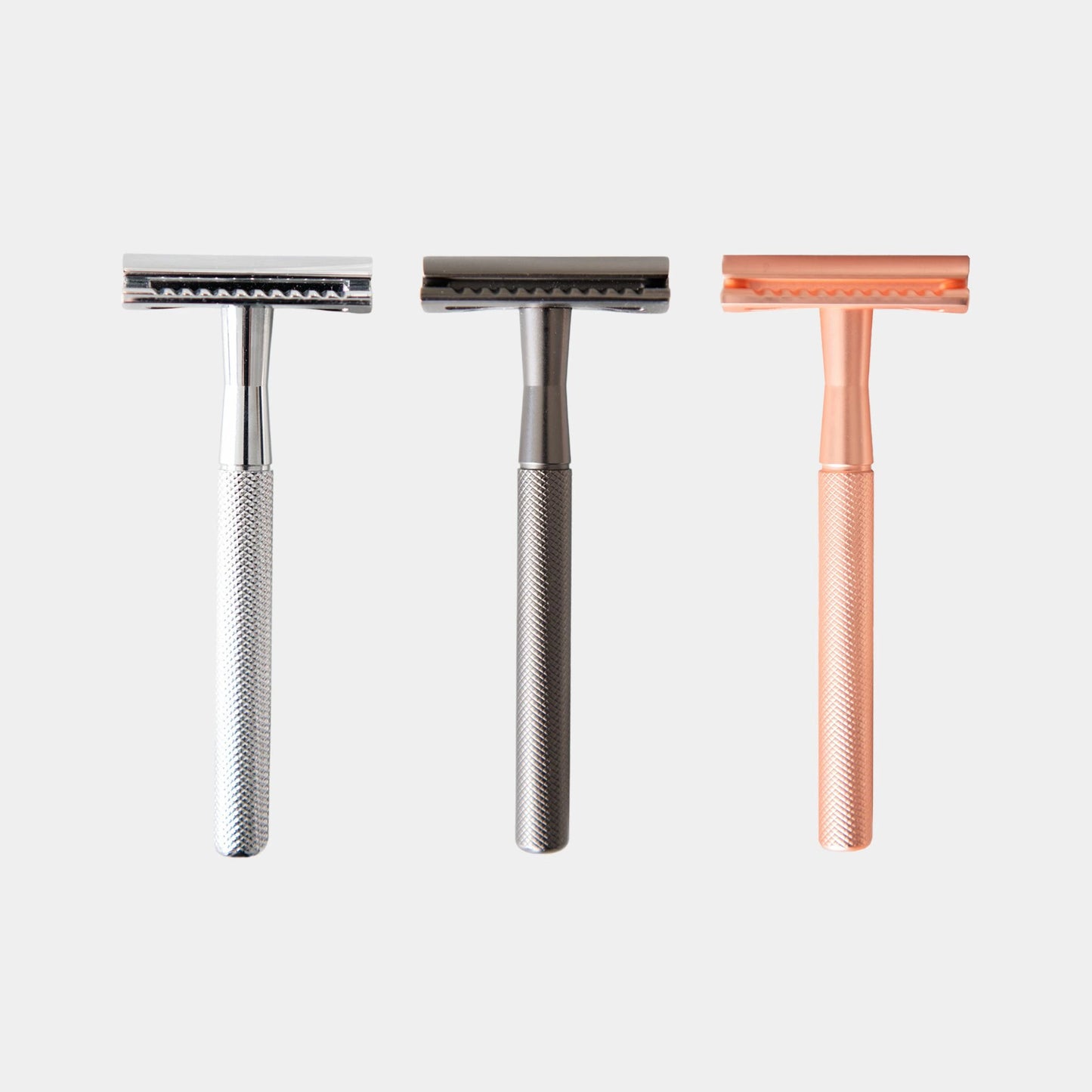 CaliWoods reusable razors in silver, charcoal and copper – eco-friendly safety razors for sustainable plastic-free shaving NZ