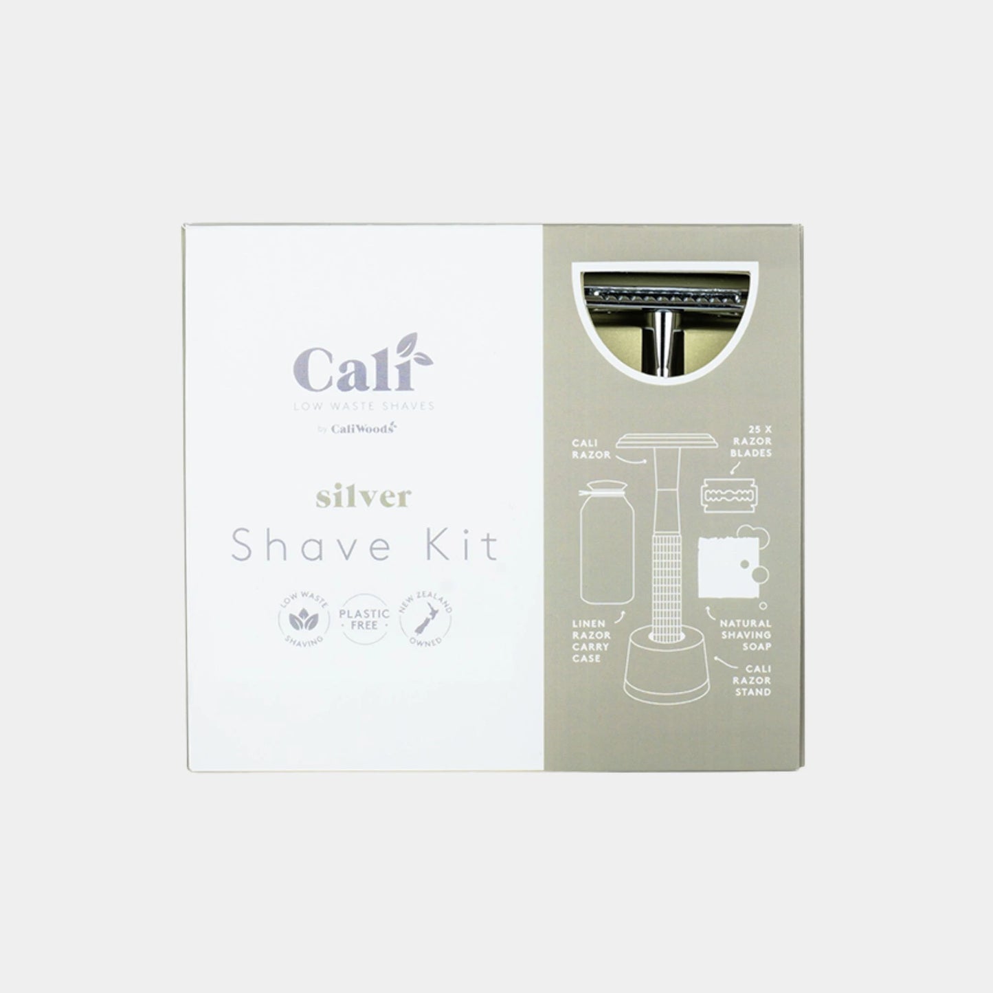 CaliWoods Silver Shave Kit in box – includes safety razor, razor stand, 25 refill blades, natural soap and linen carry case, plastic-free shaving NZ