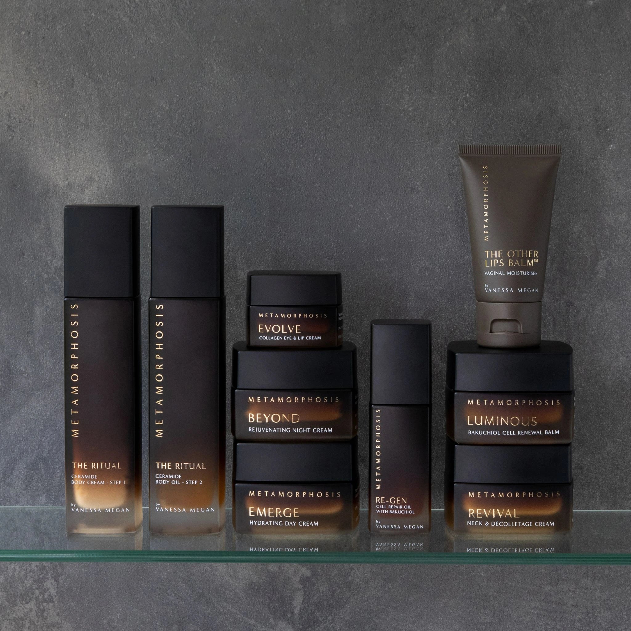 Some of the Vanessa Megan Metamorphosis skincare collection for peri to post menopausal skin, featuring Re-Gen Cell Repair Oil with Bakuchiol.