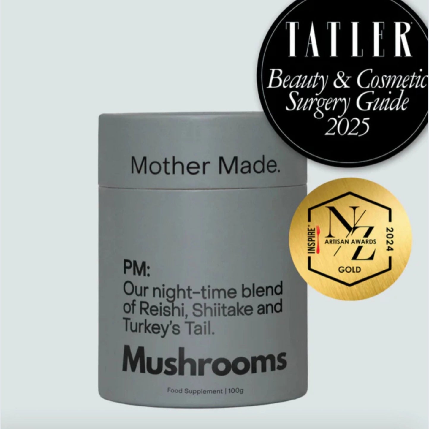 Award-winning PM blend by Mother Made – night-time mushroom supplement featuring Reishi, Shiitake, and Turkey’s Tail, gold winner NZ Artisan Awards 2024