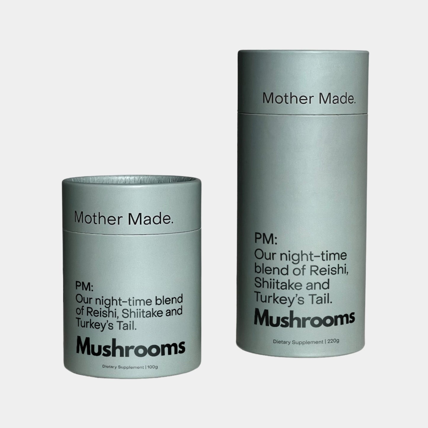 Mother Made PM mushroom supplement in 100g and 220g – calming night-time blend of Reishi, Shiitake, and Turkey’s Tail to support sleep and immune health, available at Intentionally Natural NZ.