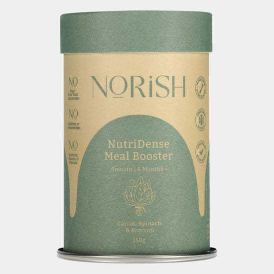 Norish NutriDense Meal Booster 150g in eco-friendly packaging, featuring nutrient-rich ingredients like carrot, spinach, and broccoli to support healthy meals.