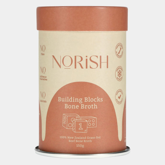 Norish Building Blocks Bone Broth 150g in eco-friendly packaging, made from 100% New Zealand grass-fed beef for pure, nutrient-rich nourishment.