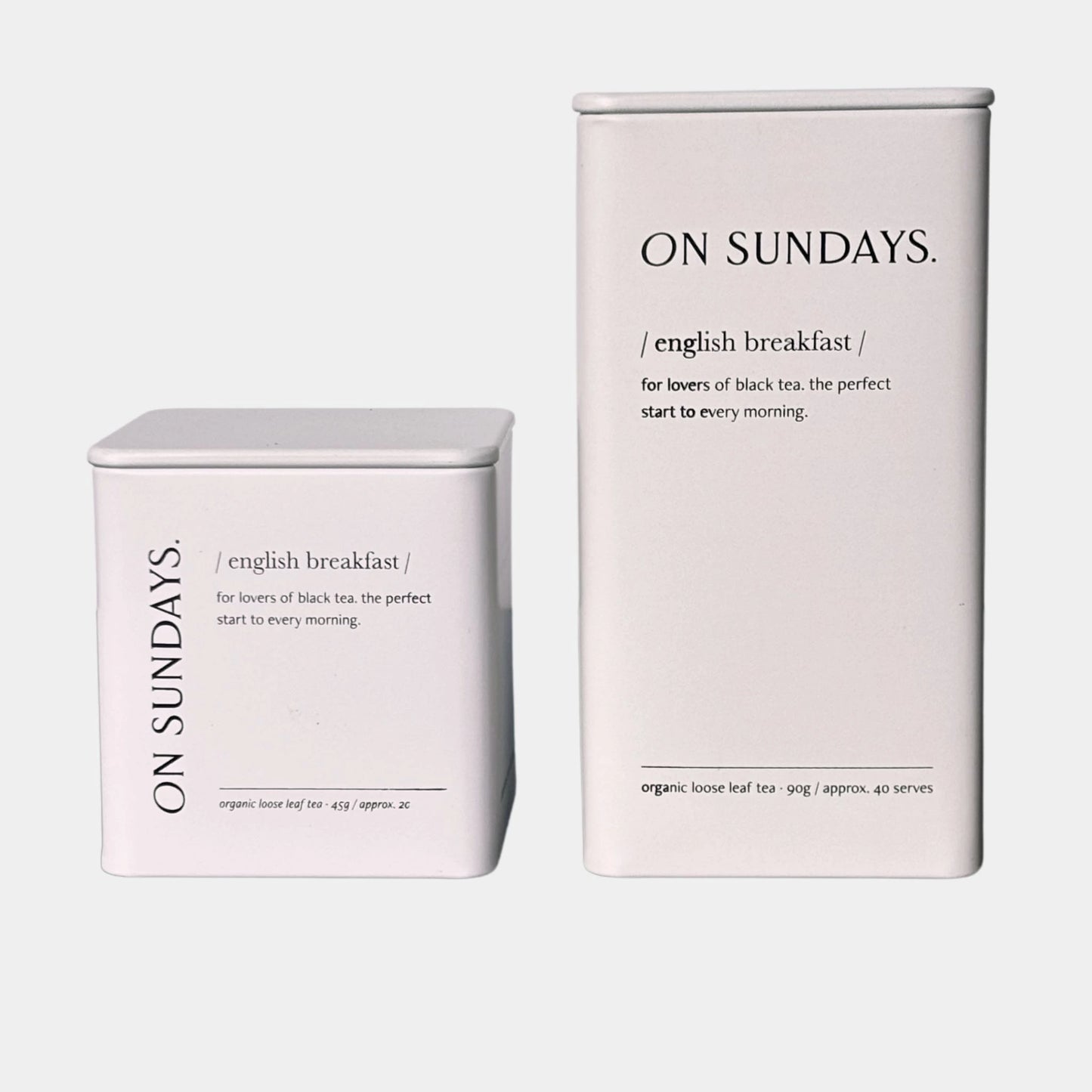 On Sundays English Breakfast organic loose leaf black tea in 45g and 90g tins for a bold morning start.