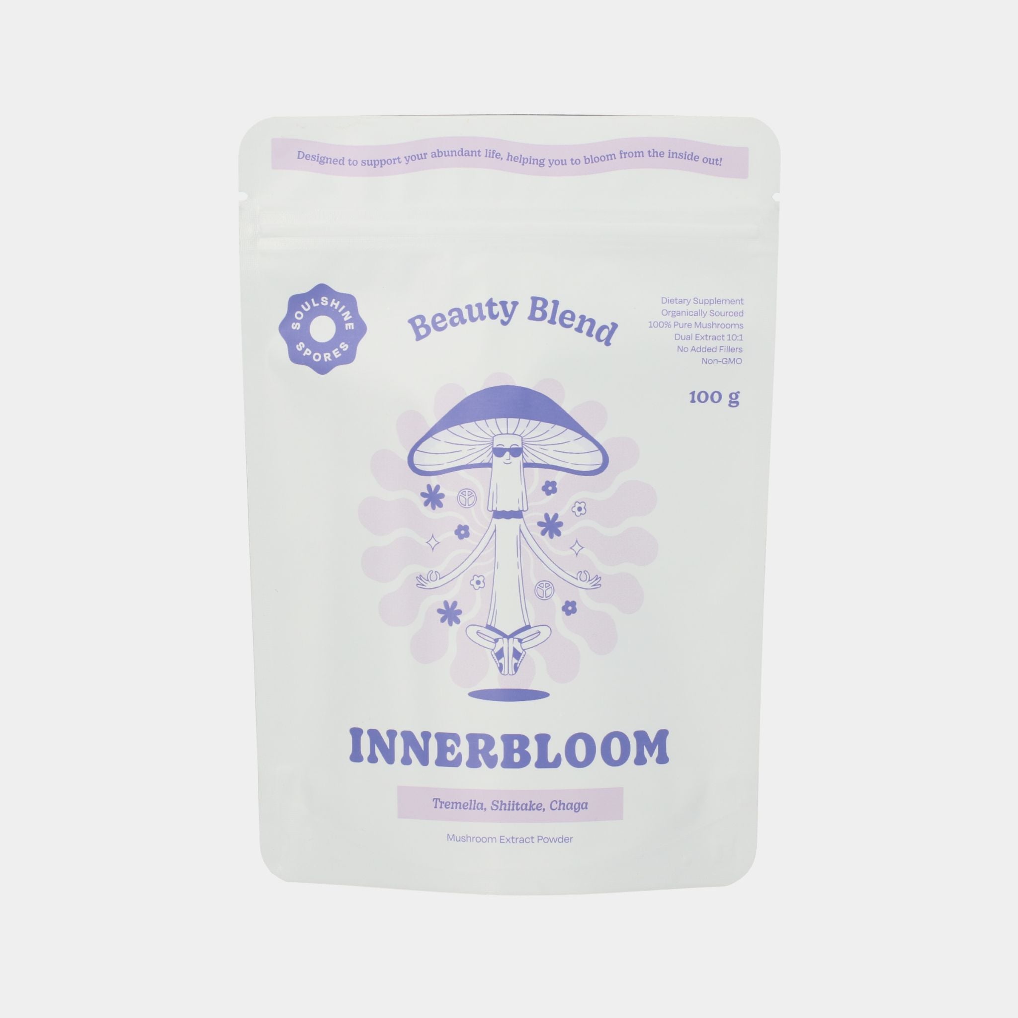 100g Pouch of Soulshine Spores InnerBloom Beauty Blend certified organic mushroom powder featuring Tremella, Shiitake and Chaga for skin, hair and inner glow support at Intentionally Natural NZ.