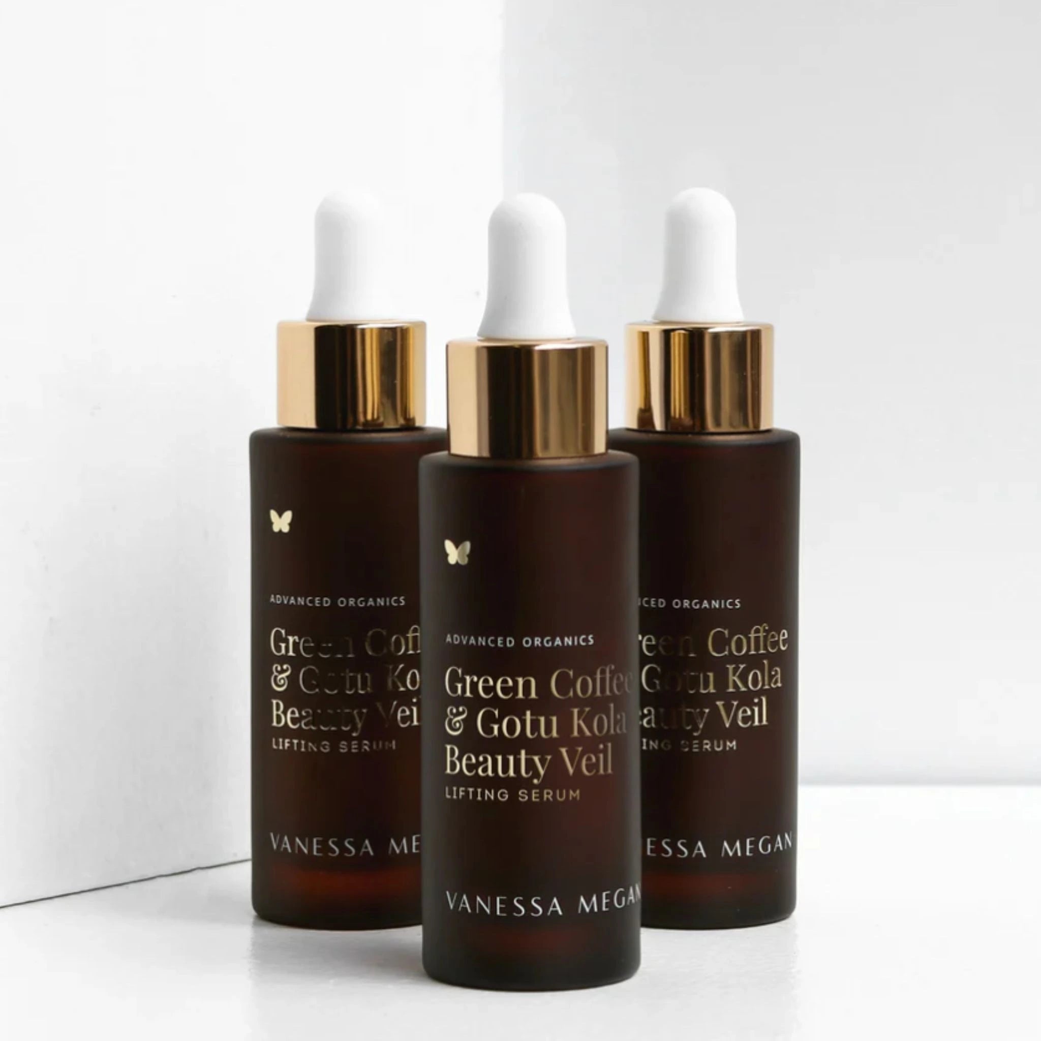 Vanessa Megan Green Coffee & Gotu Kola Beauty Veil Lifting Serum – trio of anti-aging serums for firm, radiant skin