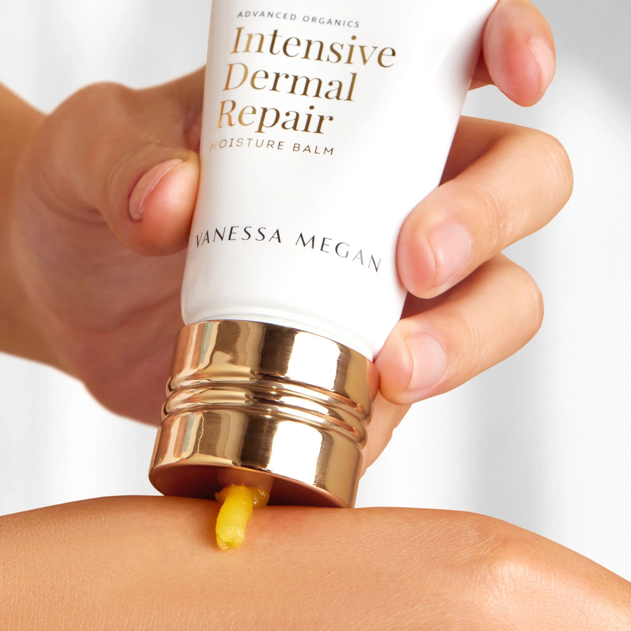 Vanessa Megan Intensive Dermal Repair Balm with its rich yellow consistency full of organic skin nourishing and restorative ingredients