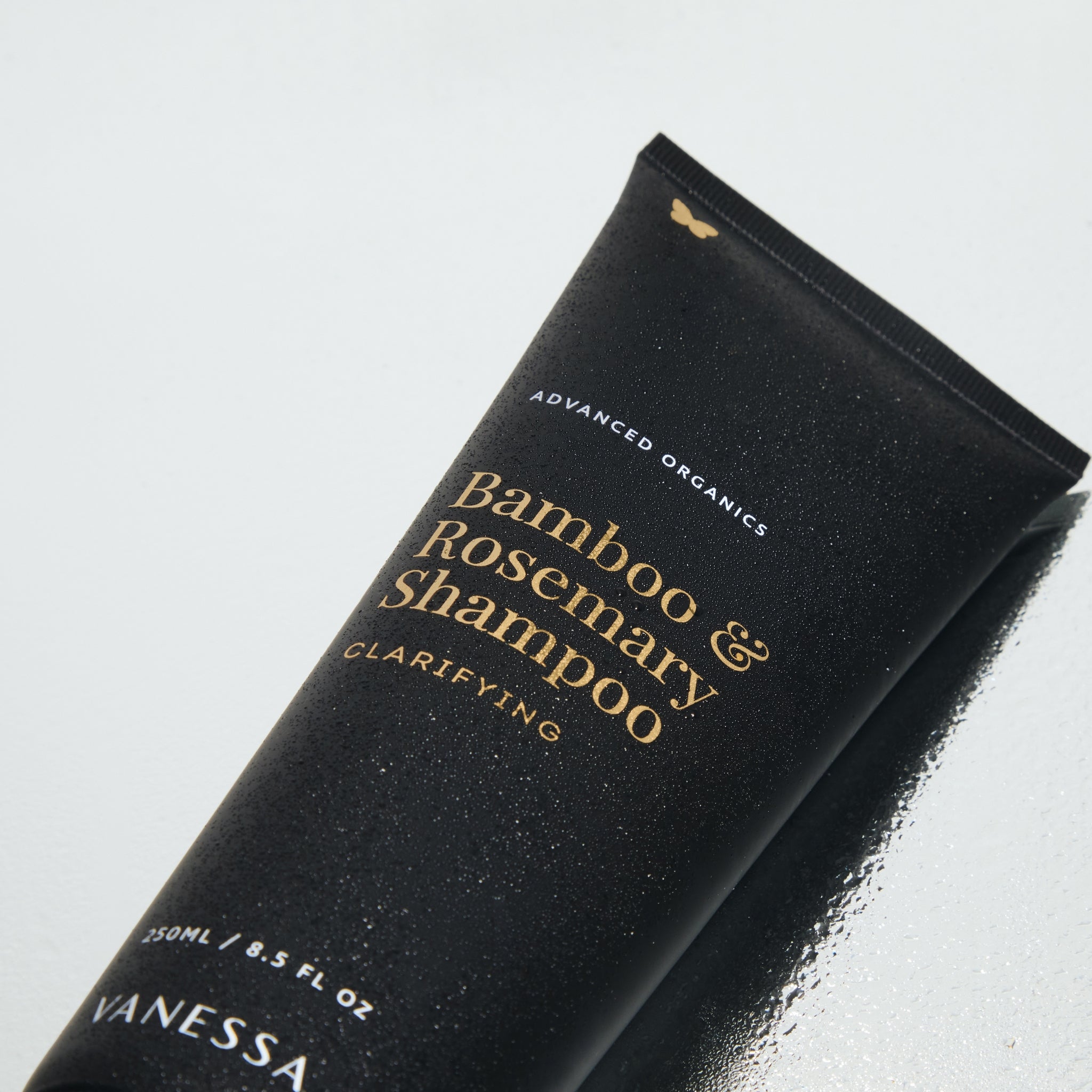 Vanessa Megan Bamboo and Rosemary Clarifying Shampoo tube close-up – 100% natural clarifying shampoo in sugarcane packaging