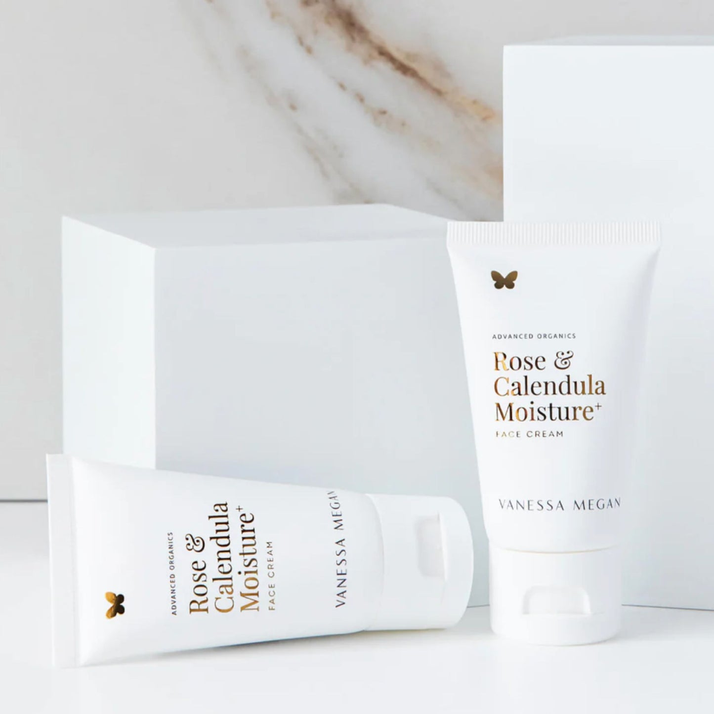 two Vanessa Megan Rose and Calendula Moisture+ Face Cream hydrating botanical moisturiser in recyclable tubes.