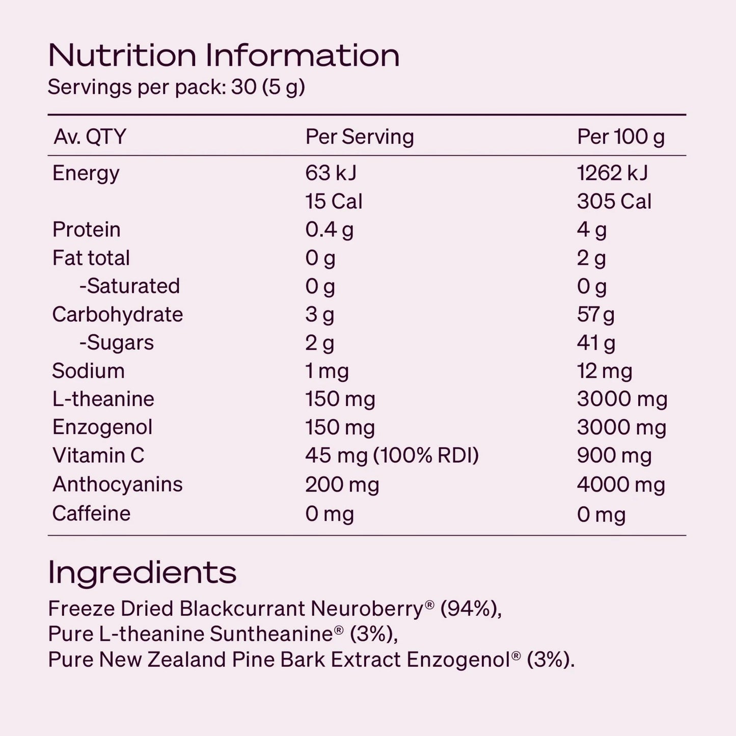 Ārepa Brain Powder nutrition label showing per-serving and per-100g details including L-theanine, Enzogenol pine bark extract, vitamin C, and Neuroberry® blackcurrant.