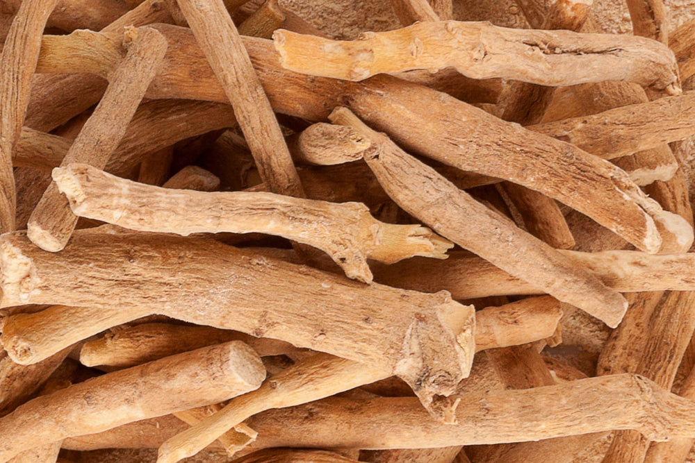 Close-up of dried Ashwagandha root used in Natural supplement for adrenal support, stress and anxiety relief.