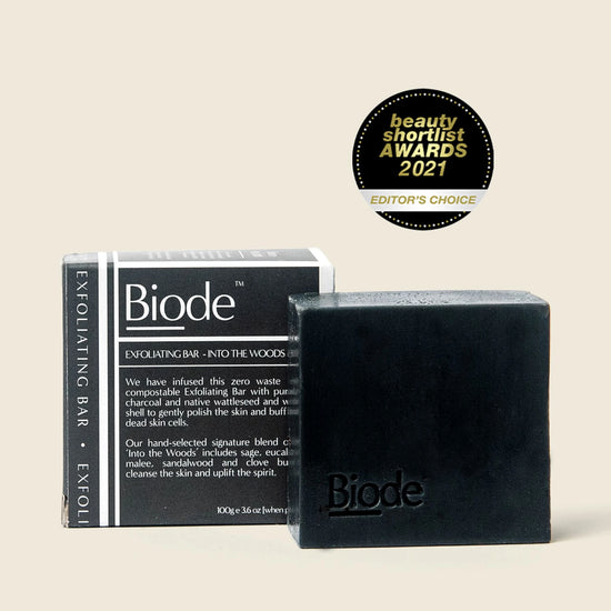 Biode Exfoliating Bar Into the Woods award-winning charcoal soap with sage and eucalyptus for natural exfoliation,