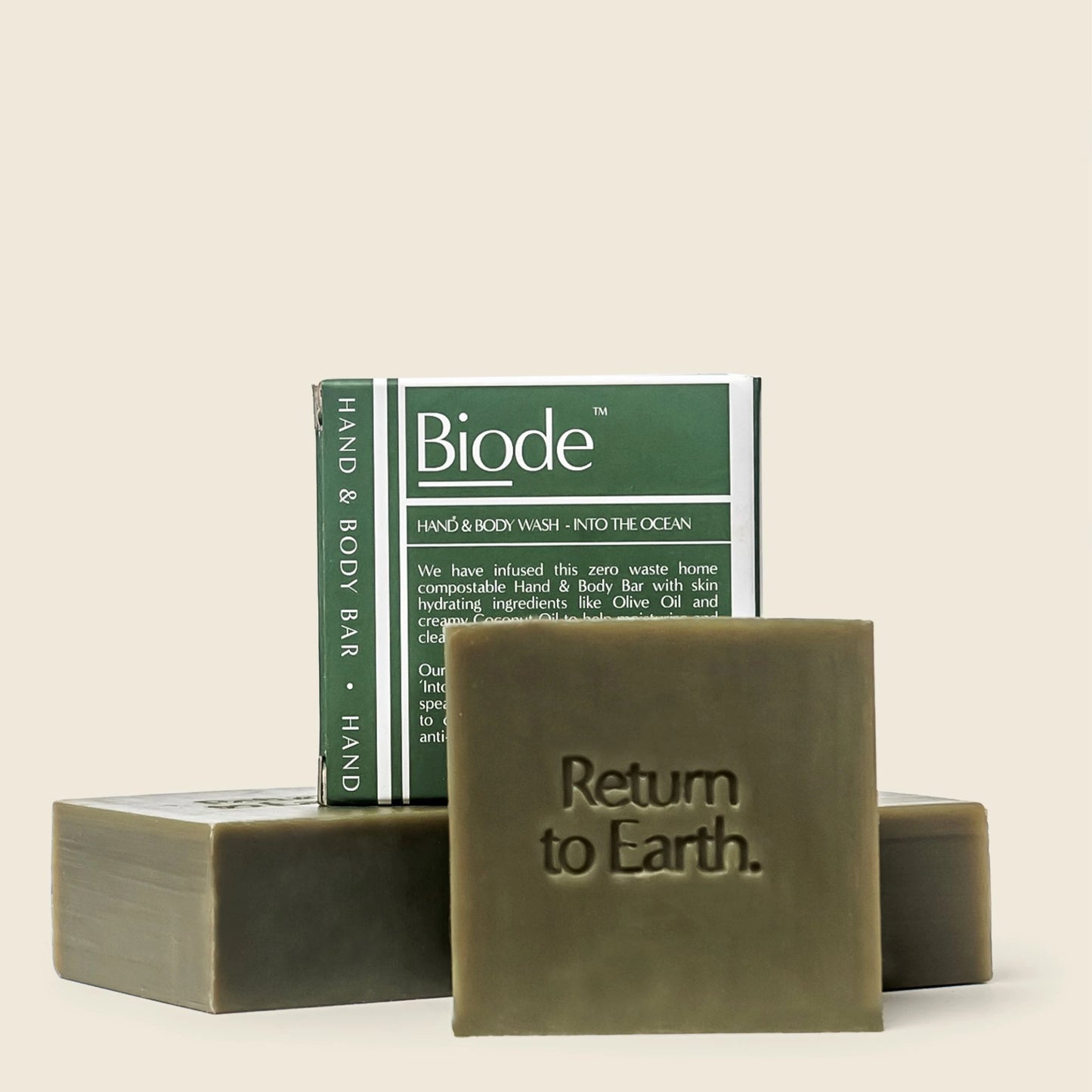 A trio of the Biode Into the Ocean body wash bar with home compostable packaging.