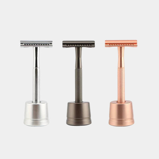 CaliWoods Razor Stand with reusable safety razors in Silver, Slate and Copper – sustainable plastic-free shaving solution NZ