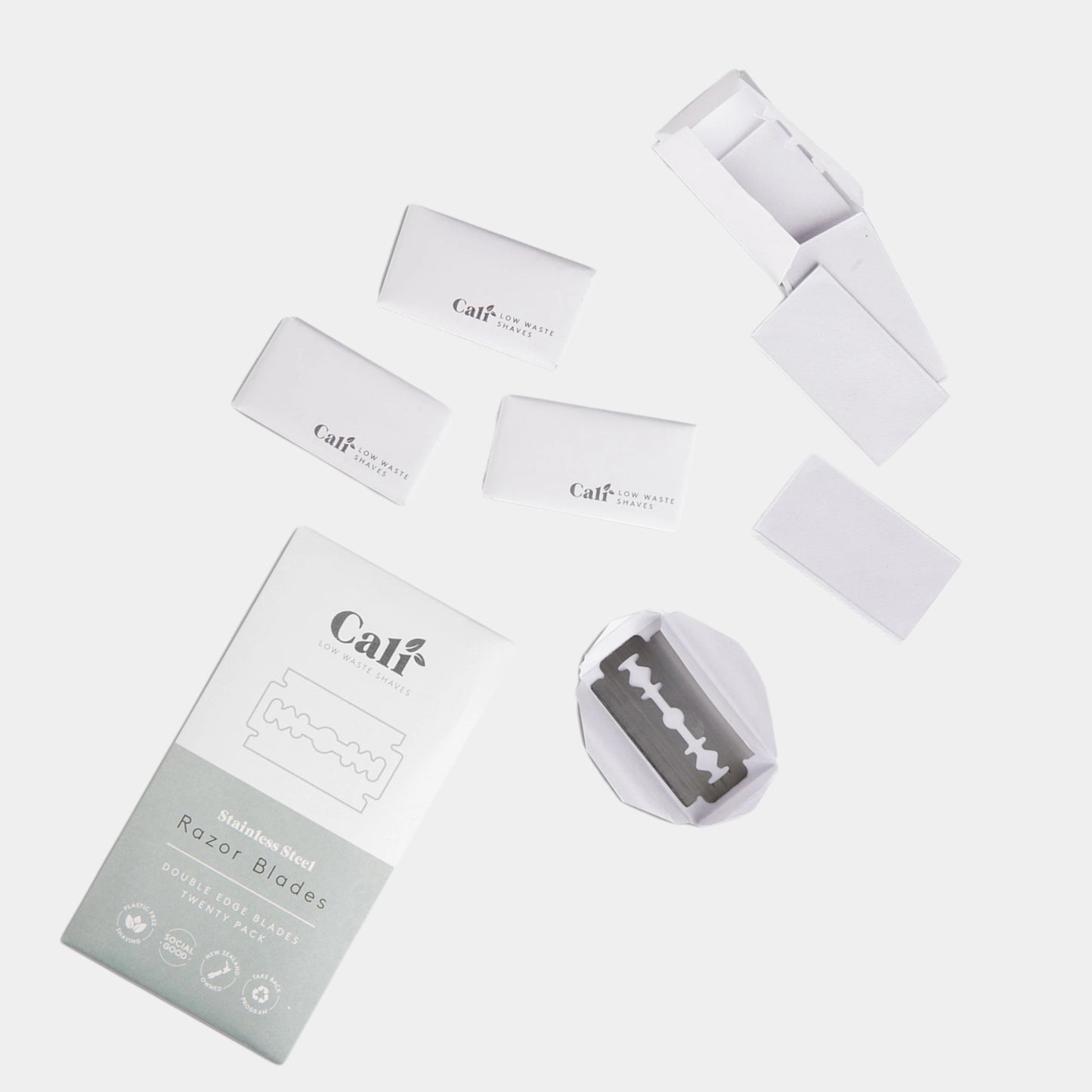 CaliWoods Stainless Steel Razor Blades with eco-packaging – Plastic-free double edge refills for low-waste shaving NZ