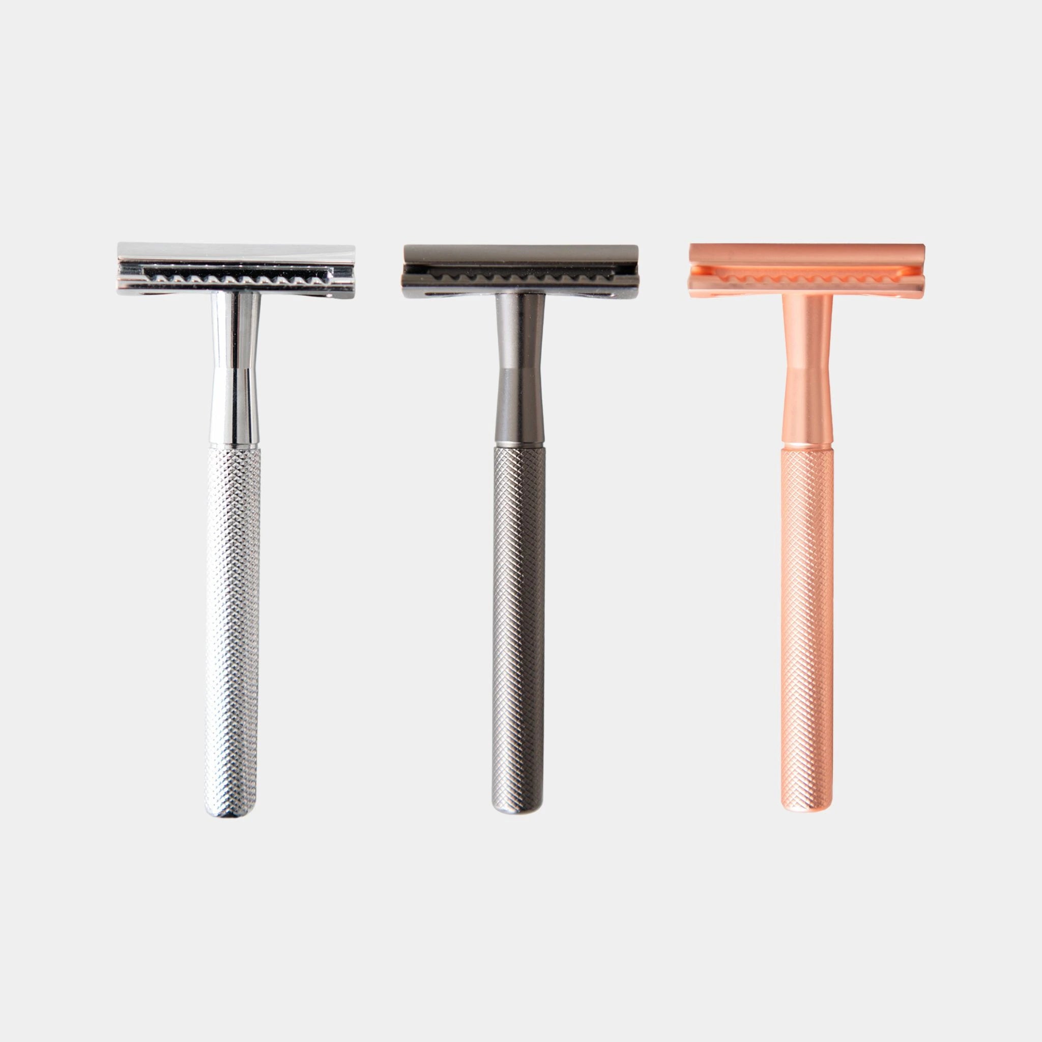 CaliWoods reusable razors in silver, charcoal and copper – eco-friendly safety razors for sustainable plastic-free shaving NZ