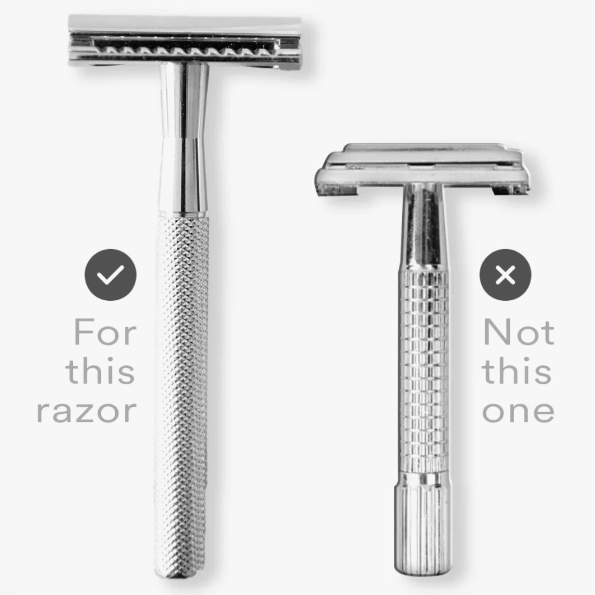CaliWoods reusable razor compatibility guide – fits new long-handle safety razor, not compatible with older short-handle model