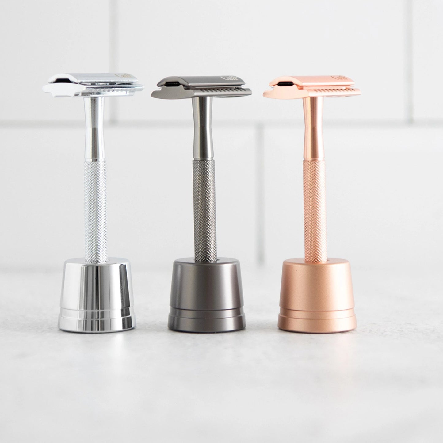 CaliWoods Reusable Razors with Matching Razor Stands in Silver, Slate and Copper – Sustainable Safety Razors for Zero-Waste Shaving NZ