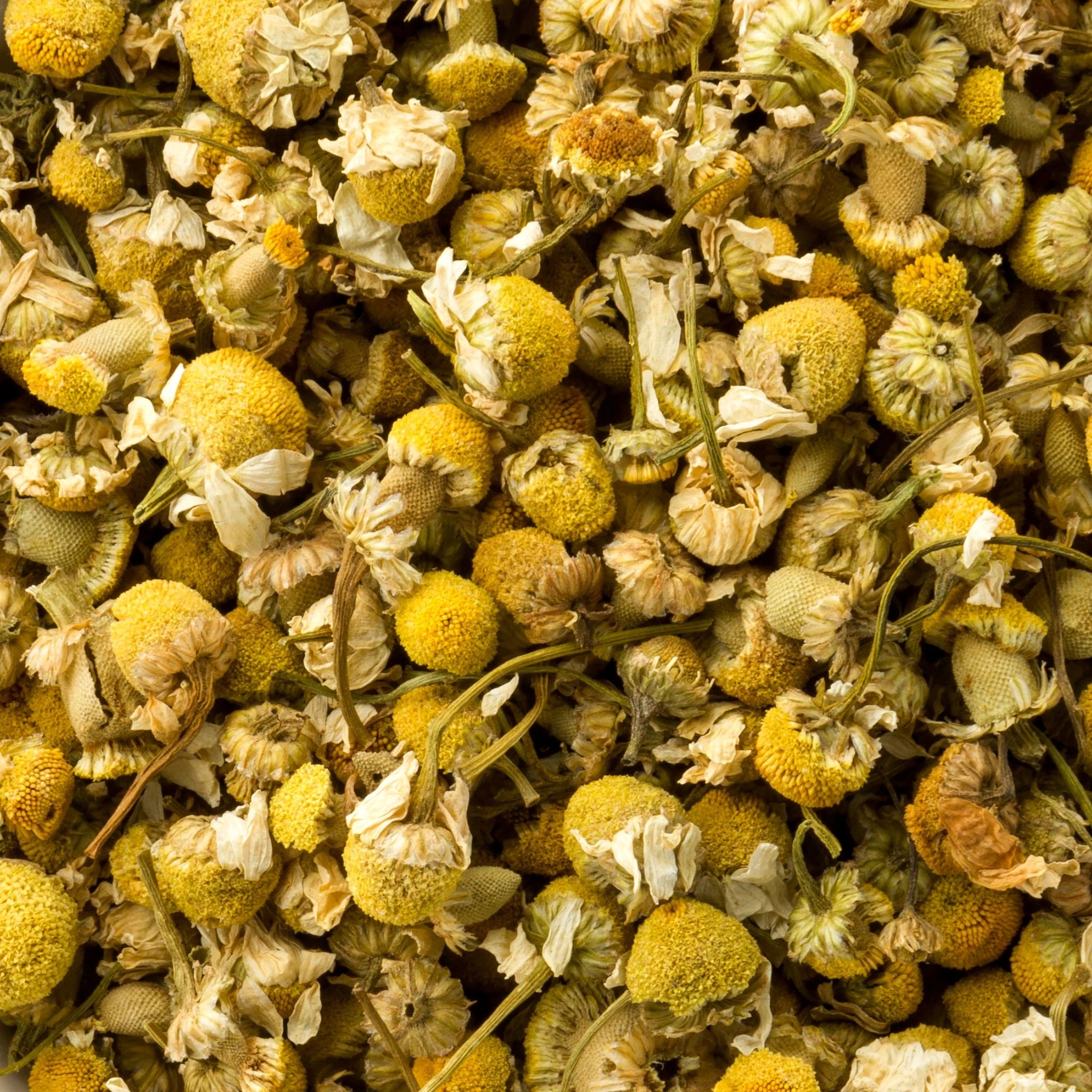 Dried chamomile flowers known for their gentle, calming effects that reuce inflammation,  ease stress and promote relaxation.