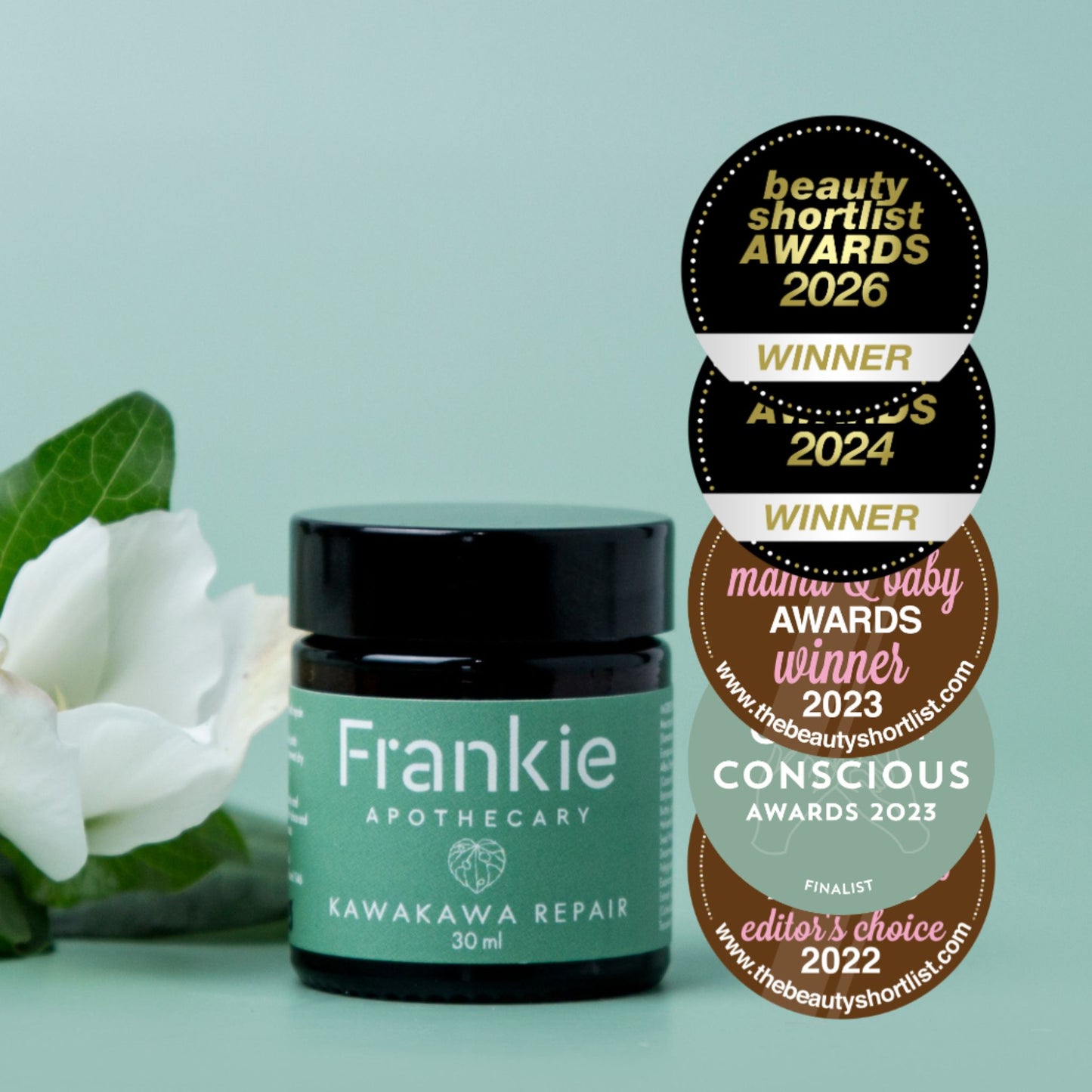 Frankie Apothecary Kawakawa Repair Balm with awards beauty shortlist awards and clean consious awards badges.
