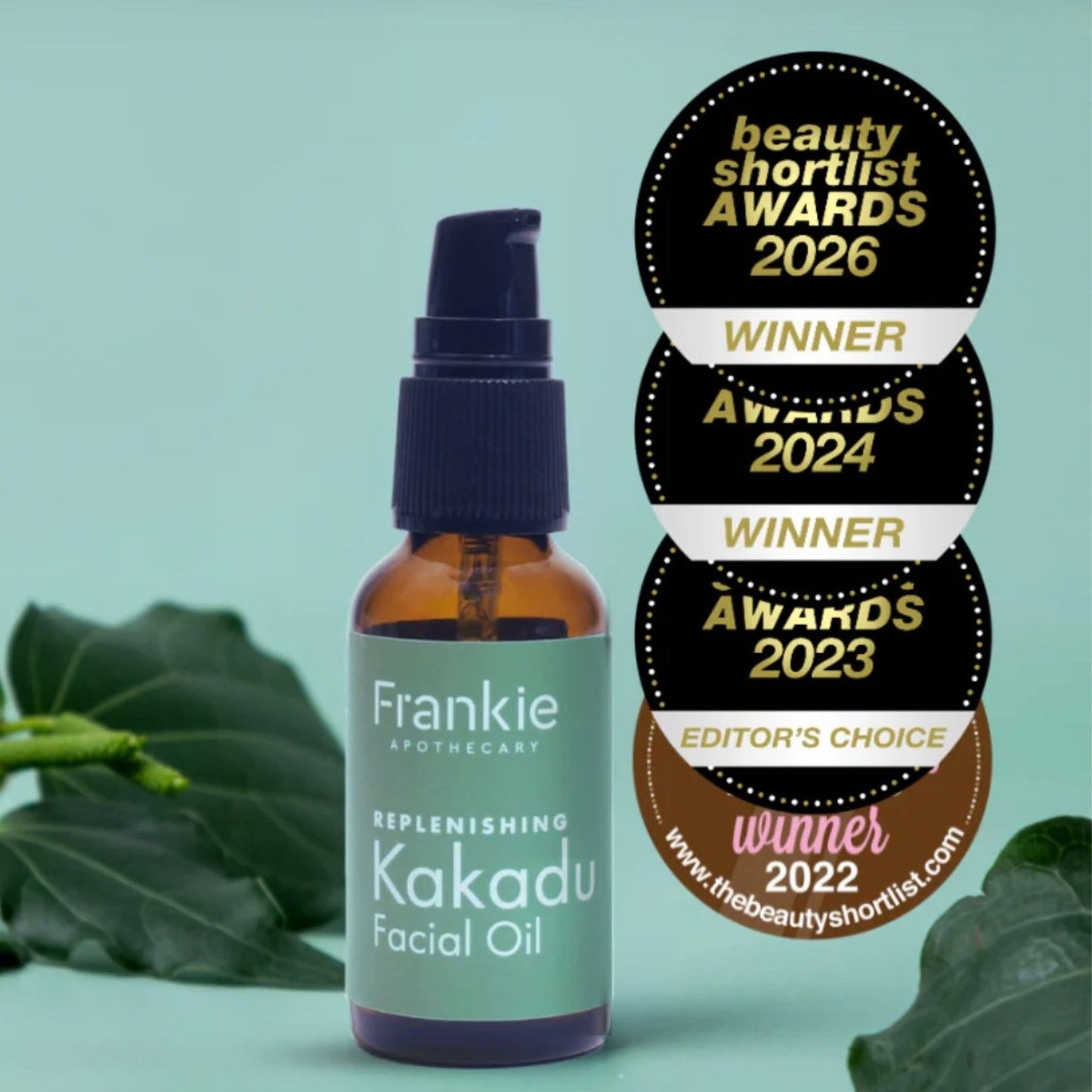 Frankie Apothecary Replenishing Kakadu Facial Oil with multiple Beauty Shortlist Awards winner and editor's choice badges.