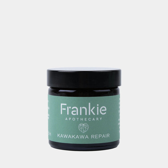 Frankie Apothecary Kawakawa Repair Balm in green label glass jar for natural skin repair and eczema relief.