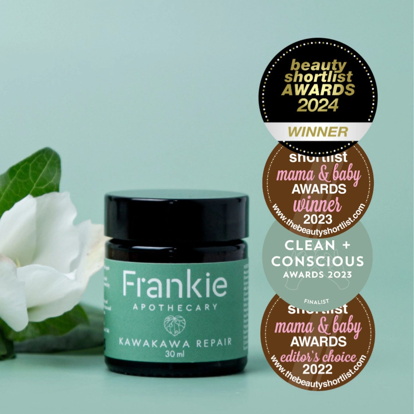 Frankie Apothecary Kawakawa Repair Balm 30ml with award badges for natural skin care excellence and soothing support