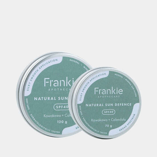 Frankie Apothecary Natural Sun Defence SPF40 in 75g and 120g tins – reef-safe, natural sunscreen with Kawakawa and Calendula.
