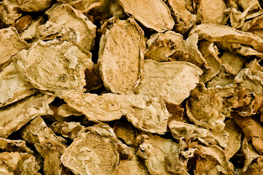 Close up of dried Zingiber officinale root used in herbal infusions supplements and botanical skincare products.