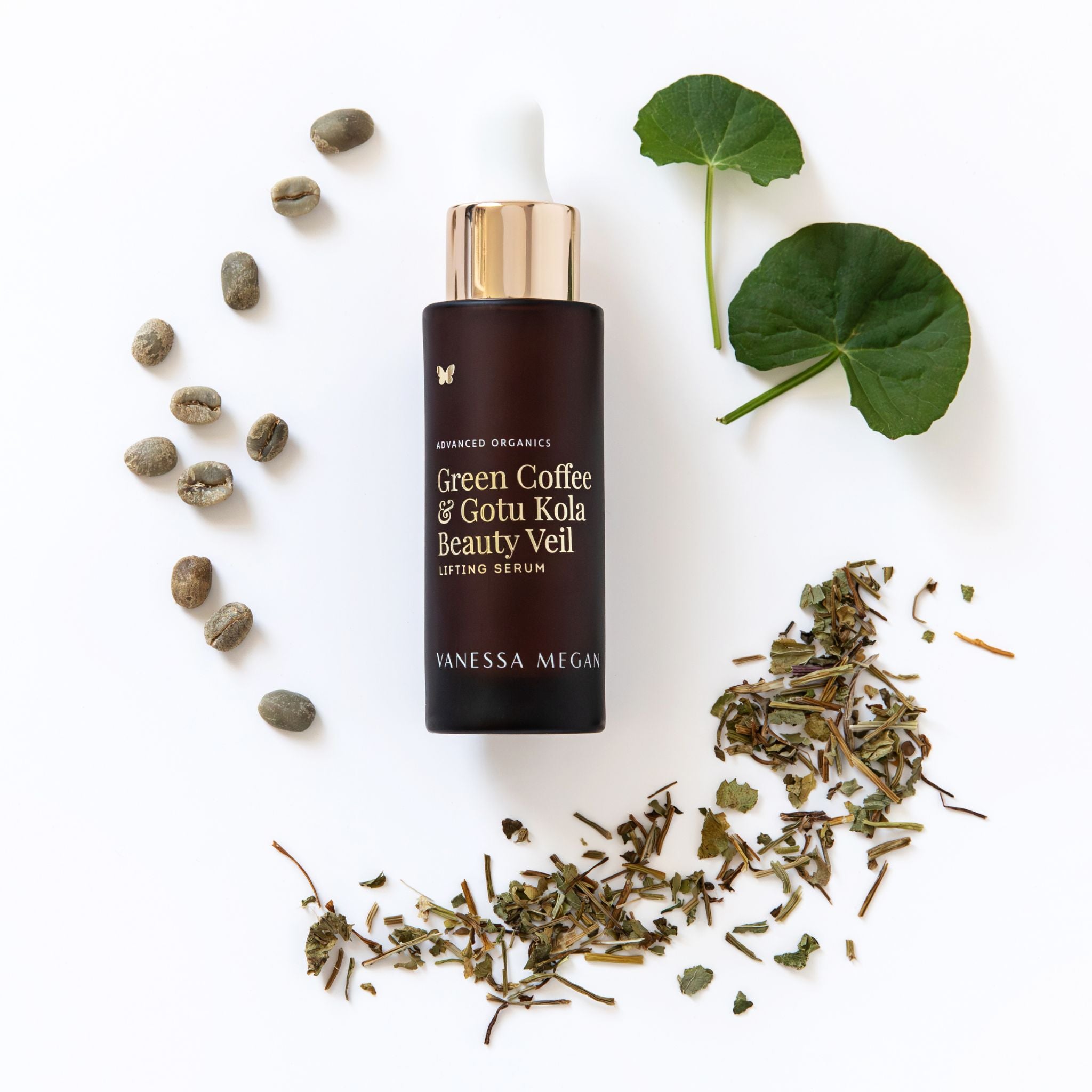 Vanessa Megan Green Coffee and Gotu Kola Beauty Veil Lifting Serum with green coffee beans, green tea and gotu kola leaves. Natural plant activities in their raw forms.