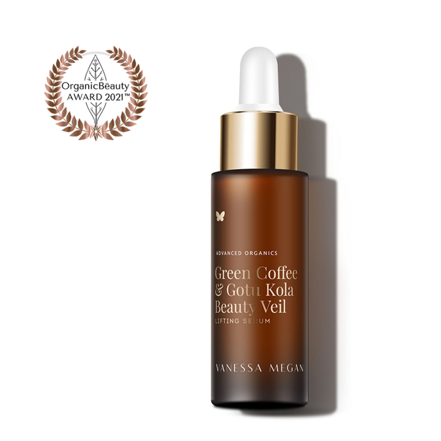 Vanessa Megan Green Coffee & Gotu Kola Beauty Veil Lifting Serum, Organic Beauty Award bronze winner, natural lifting serum for skin vitality.