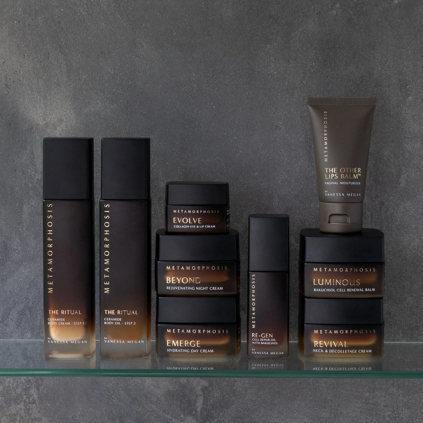 Some of the Vanessa Megan Metamorphosis skincare collection for peri to post menopausal skin, featuring Re-Gen Cell Repair Oil with Bakuchiol.