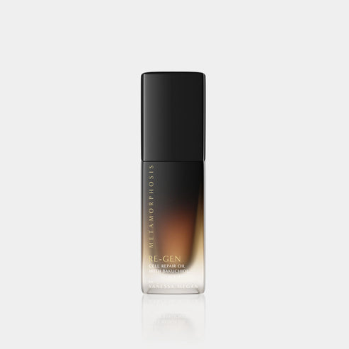 Metamorphosis Re-Gen Cell Repair Oil with Bakuchiol in sleek ombré bottle, a natural retinol alternative for sensitive skin and anti-aging skincare routines.