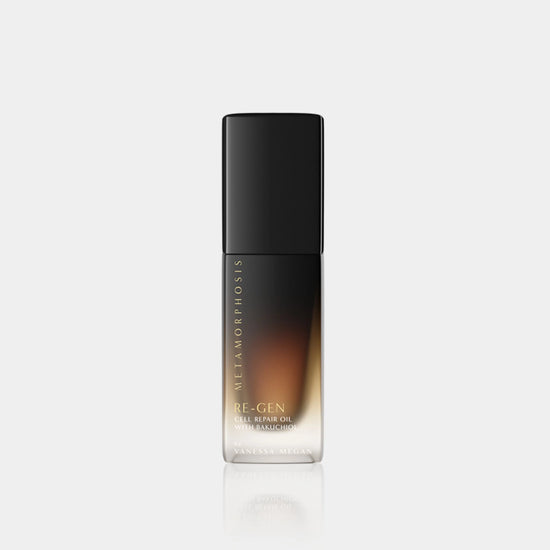 Metamorphosis Re-Gen Cell Repair Oil with Bakuchiol in sleek ombré bottle, a natural retinol alternative for sensitive skin and anti-aging skincare routines.