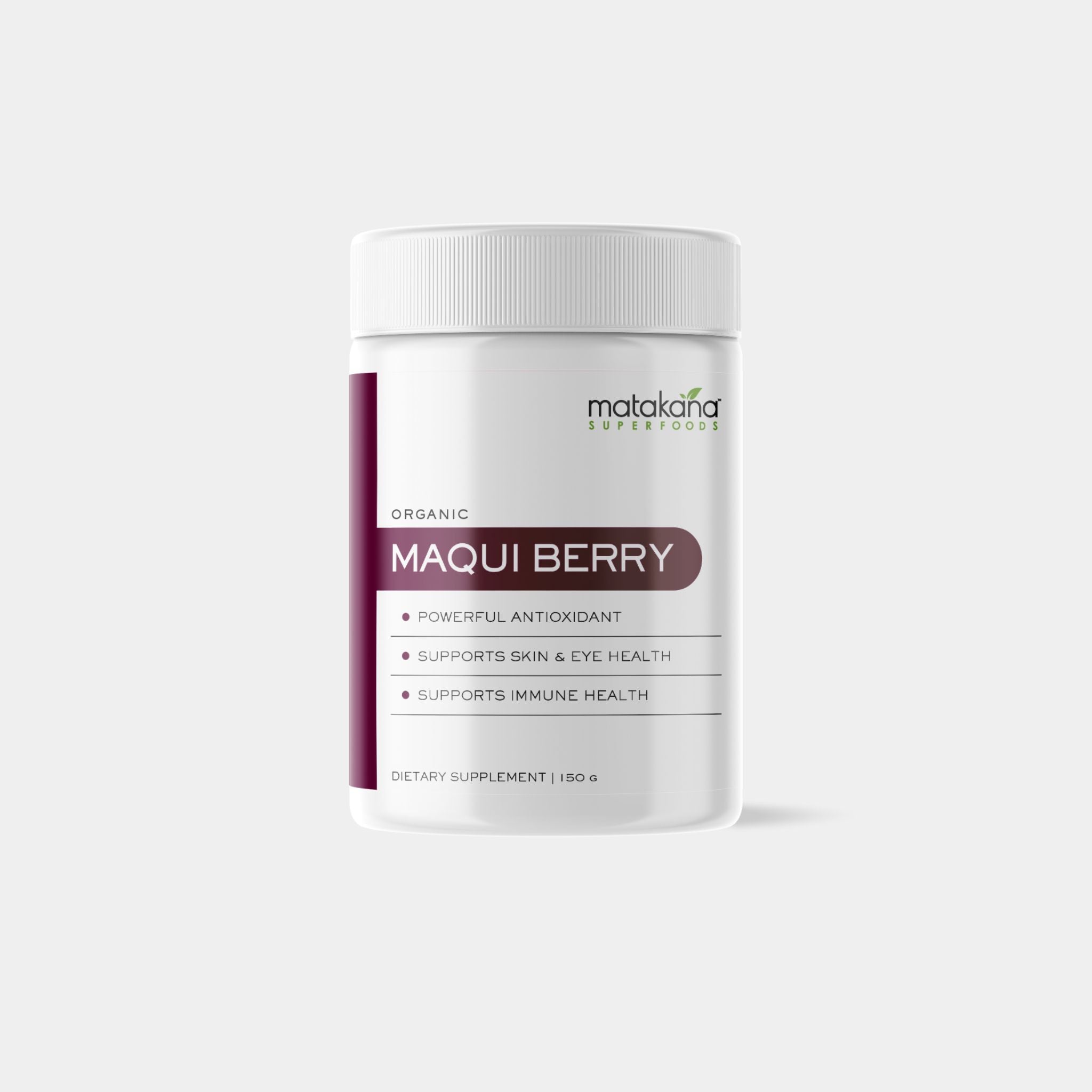 Matakana Superfoods Maqui Berry Powder 150g pottle of organic freeze dried premium (Aristotelia Chilensis) form the Chilean Andes. rich in antioxidant for skin, heart and immune health.