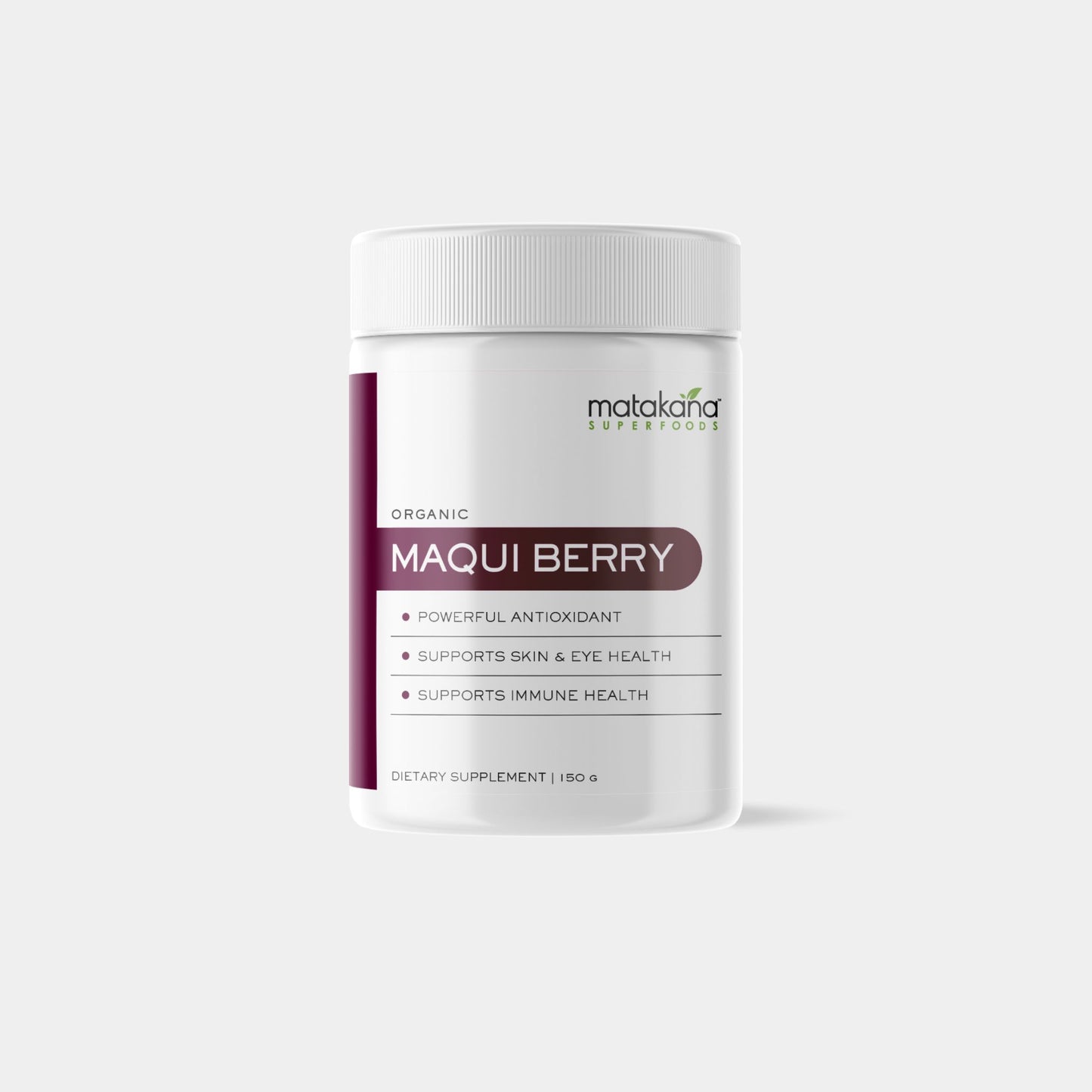 Matakana Superfoods Maqui Berry Powder 150g pottle of organic freeze dried premium (Aristotelia Chilensis) form the Chilean Andes. rich in antioxidant for skin, heart and immune health.