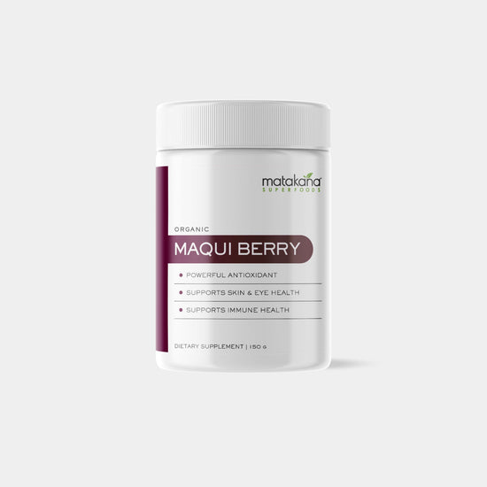 Matakana Superfoods Maqui Berry Powder 150g pottle of organic freeze dried premium (Aristotelia Chilensis) form the Chilean Andes. rich in antioxidant for skin, heart and immune health.