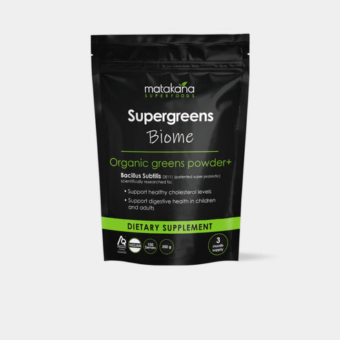 200g 3 month supply pouch of the Matakana Superfoods Supergreens Biome Powder at Intentionally Natural NZ on minimal background.