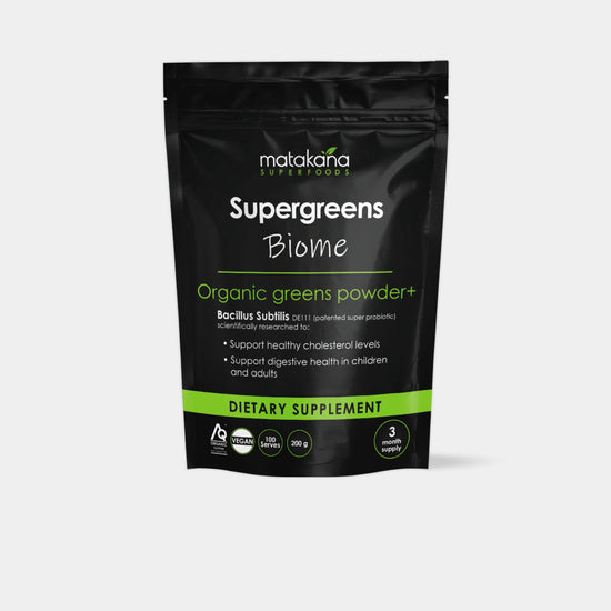 200g 3 month supply pouch of the Matakana Superfoods Supergreens Biome Powder at Intentionally Natural NZ on minimal background.