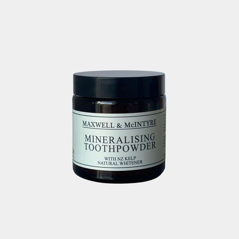 Maxwell & McIntyre Natural Organic Mineralising Toothpowder with NZ kelp natural whitening formula in amber glass jar.