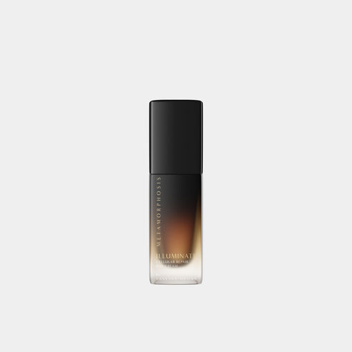 A bottle of Metamorphosis Skincare Illuminate Cellular Repair Day Cream in a black cap with a gradient brown-to-black at Intentionally Natural NZ.