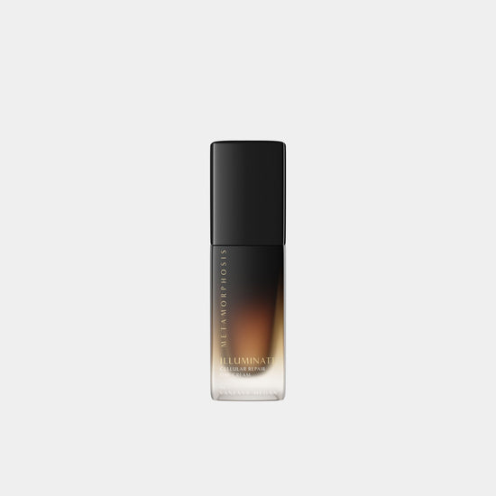 A bottle of Metamorphosis Skincare Illuminate Cellular Repair Day Cream in a black cap with a gradient brown-to-black at Intentionally Natural NZ.