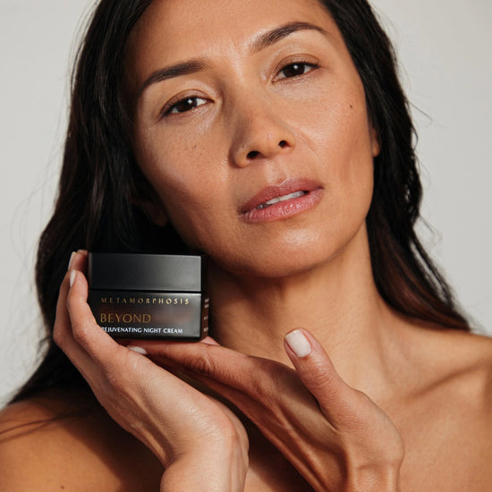 Women holding Metamorphosis Beyond Rejuvenating Night Cream by Vanessa Megan, a natural overnight cream designed to support skin rejuvenation and hydration while you rest.