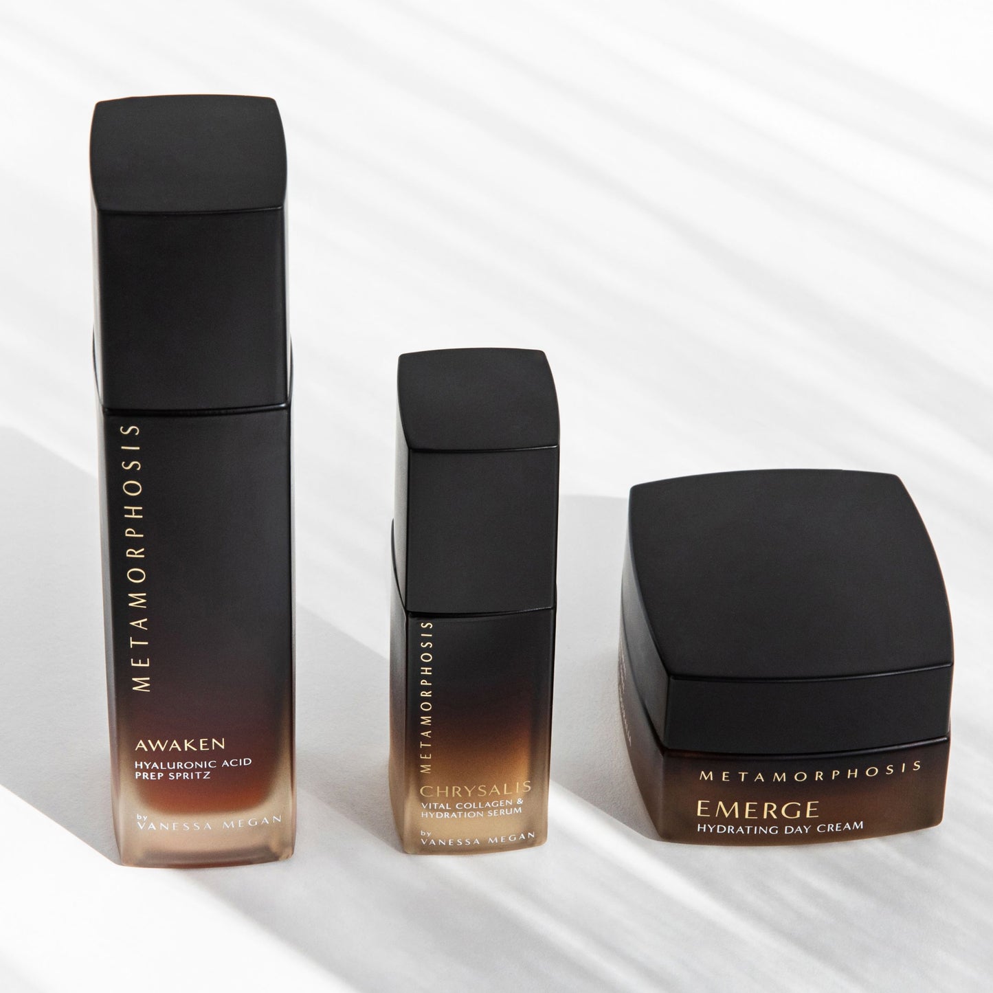 Metamorphosis Chrysalis Serum by Vanessa Megan, shown with Awaken Prep Spritz and Emerge Day Cream – ideal layering trio for menopausal skin.