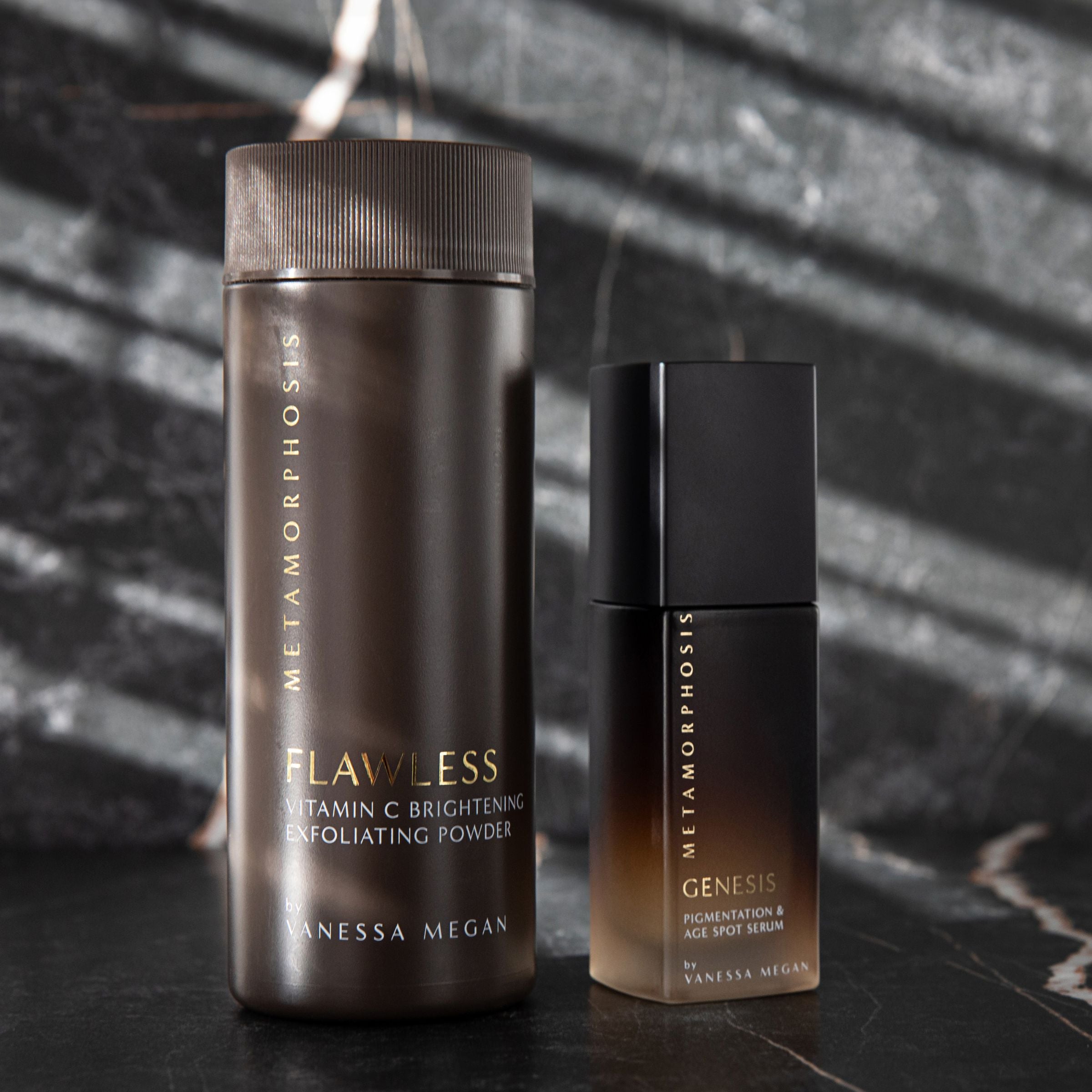 Metamorphosis Flawless Vitamin C Brightening Exfoliating Powder and Genesis Pigmentation & Age Spot Serum by Vanessa Megan, natural skincare duo targeting uneven tone, pigmentation and texture for peri to post-menopausal skin.