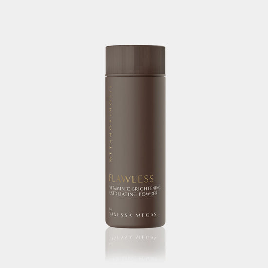 Front-facing image of the Metamorphosis Flawless Vitamin C Brightening Exfoliating Powder. 100% natural exfoliating powder for peri to post menopausal skin.